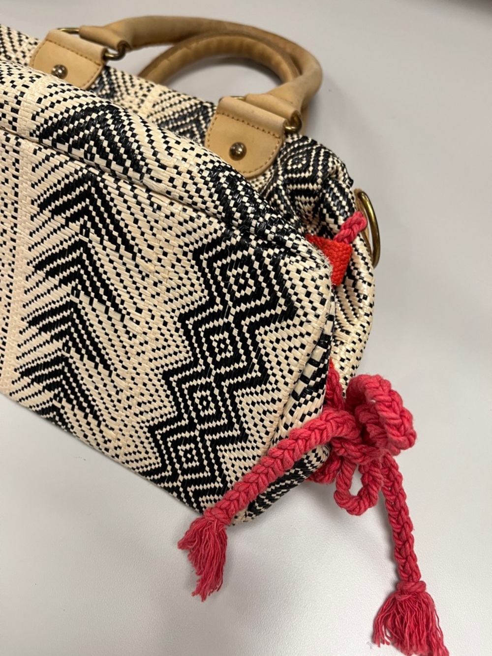 Miss Albright Speciality Woven Chevron Satchel Handbag in Black, Cream & Red - Picture 3 of 16